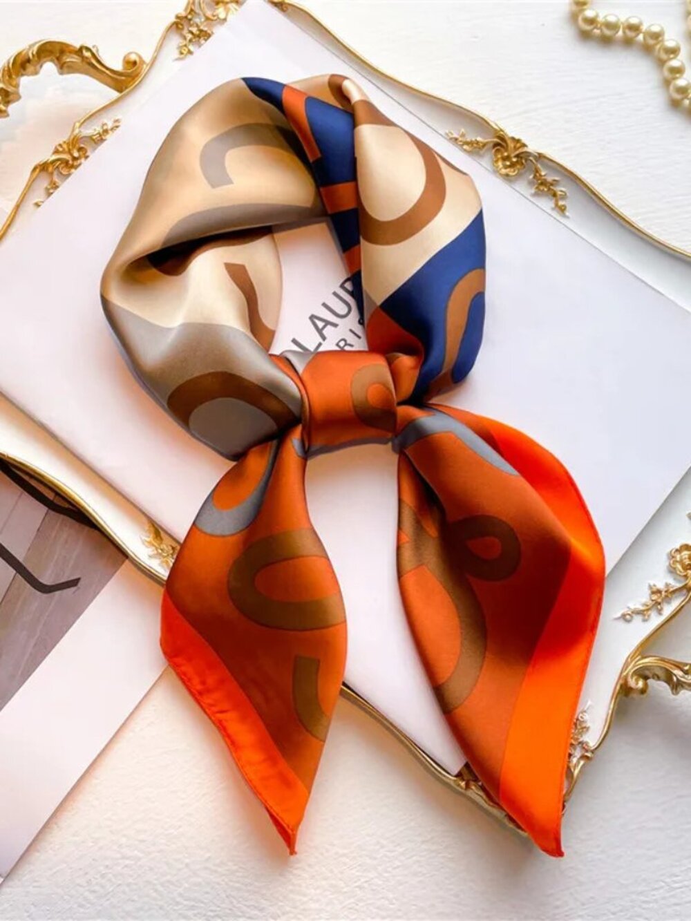 2/$30 NWT Geometric Print Silky Feel Satin Square Scarf Orange Blue 70x70
